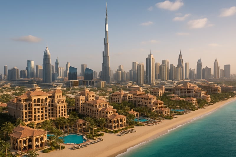 Dubai skyline with Burj Khalifa and luxury resorts Dubai skyline with Burj Khalifa and luxury resorts