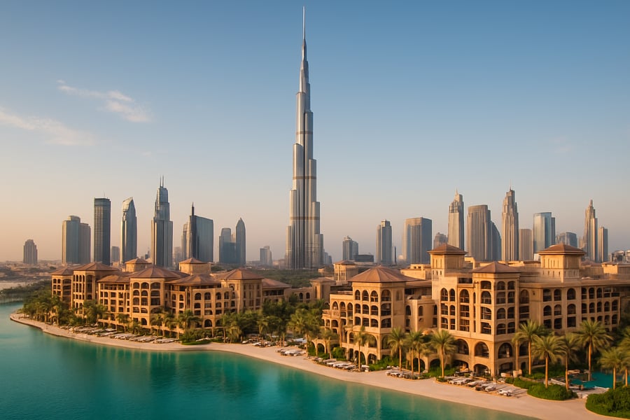 Dubai skyline with Burj Khalifa and luxury resorts Dubai skyline with Burj Khalifa and luxury resorts