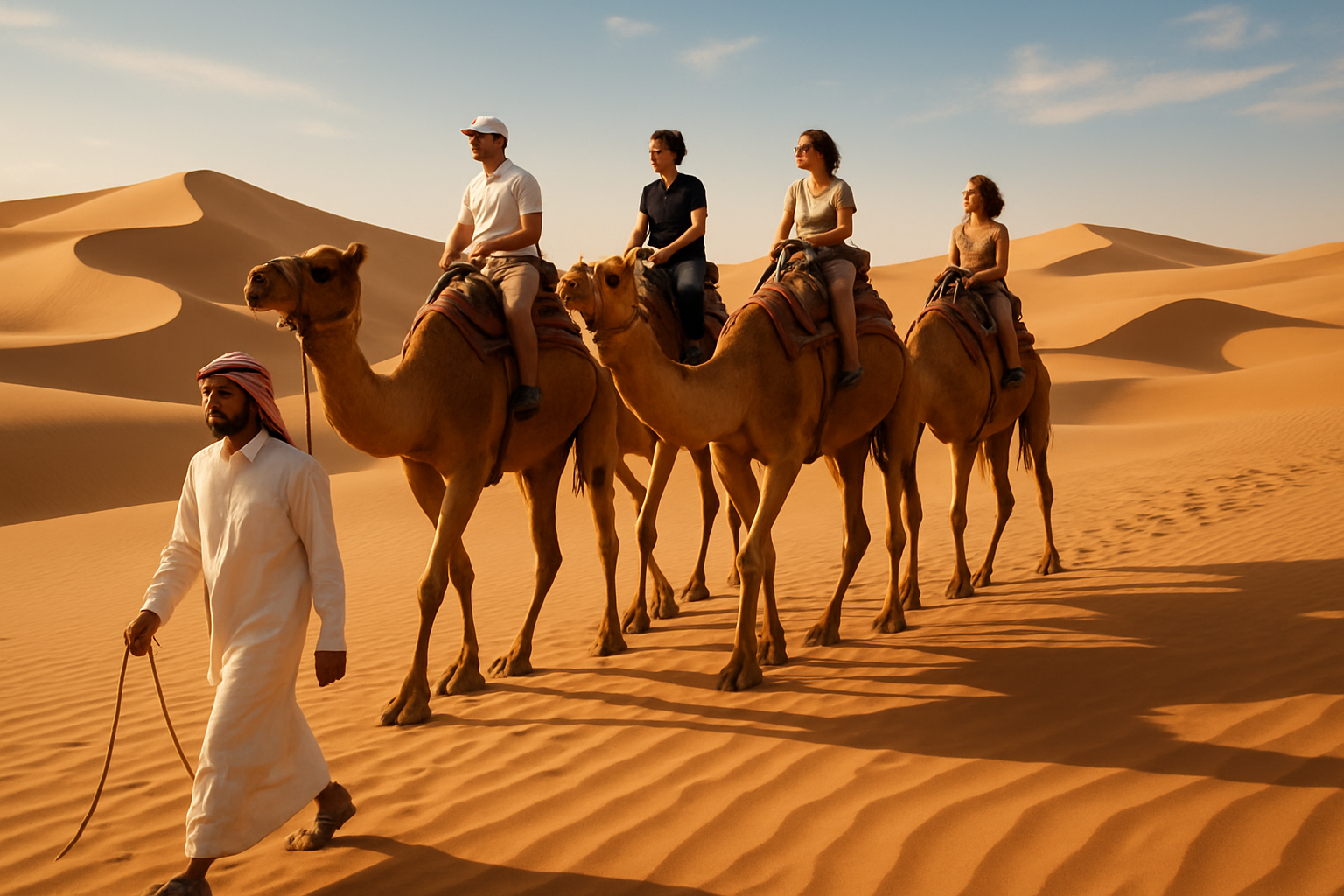 Desert safari adventure with camels and sand dunes